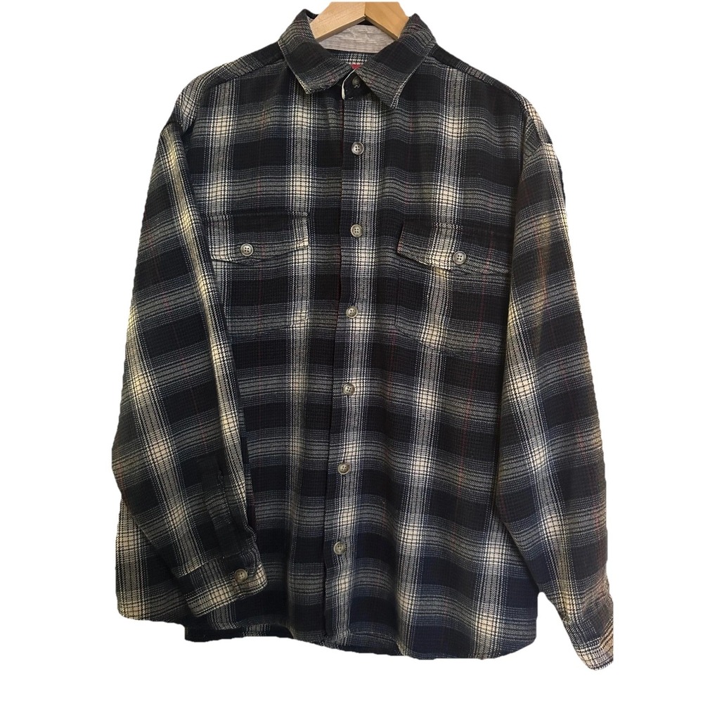 Unionbay Black/Blue Plaid Flannel Shacket Button Up Long Sleeve Mens Size Large